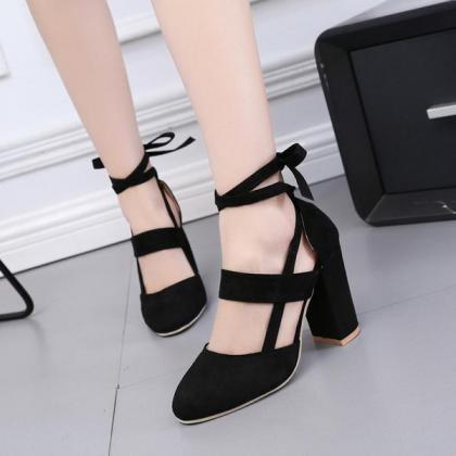 Suede Chunky Heel Pointed Toe Slipper Ankle Strap..