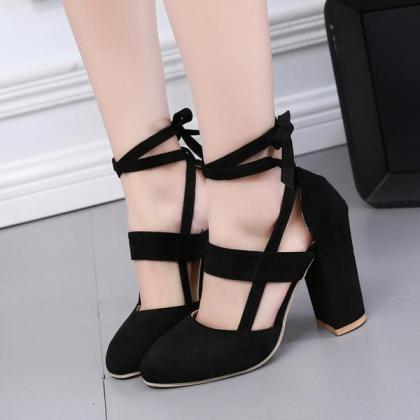 Suede Chunky Heel Pointed Toe Slipper Ankle Strap..