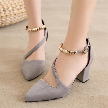 Suede Chunky Heel Piontrd Toe Beadings Ankle Strap..
