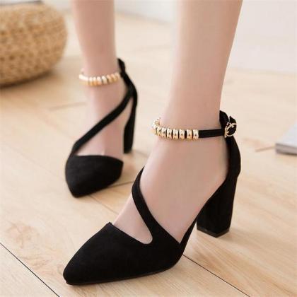 Suede Chunky Heel Piontrd Toe Beadings Ankle Strap..