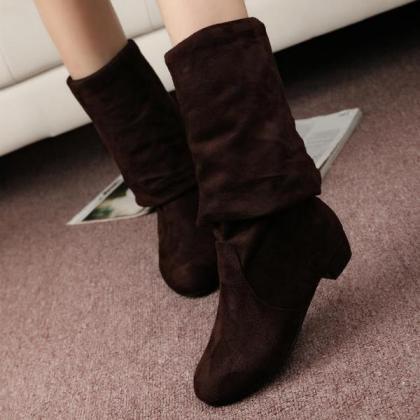 Faux Suede Knee High Rounded-Toe Fl..