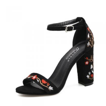 Floral Embroidered Faux Suede Ankle Strap Chunky..