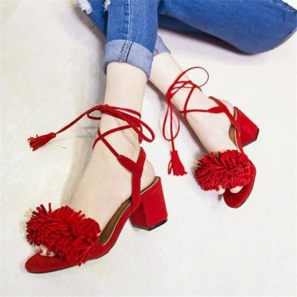Tassles Suede Chunky Heel Peep-toe Lace Up Ankle..