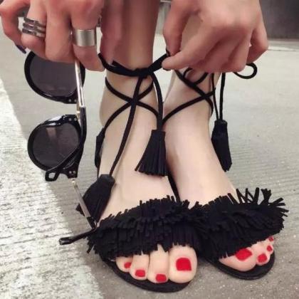 Tassles Suede Chunky Heel Peep-toe Lace Up Ankle..