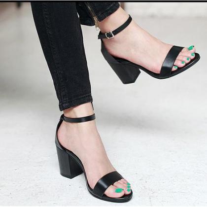 Faux Leather Ankle Strap Chunky Heel Sandals