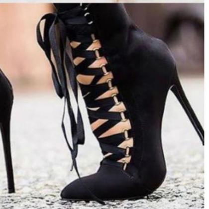 Faux Suede Lace-up Pointed Toe High Heel Ankle..