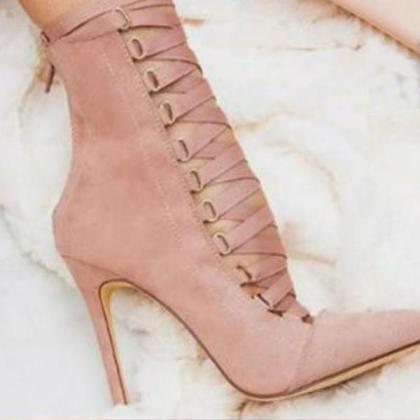 Faux Suede Lace-up Pointed Toe High Heel Ankle..