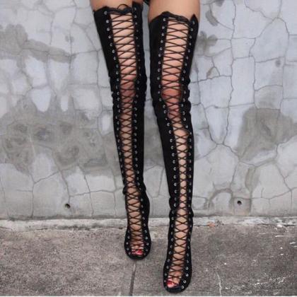 Lace Up Sexy Peep-toe Over-knee Length High Heels..