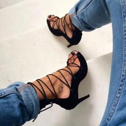 Lace Up Suede Stiletto Heel Peep-toe Ankle Straps..