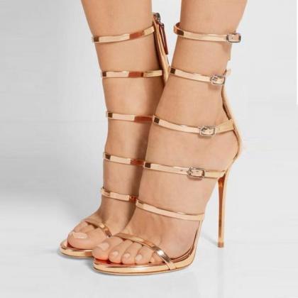Metallic Open-toe High Heel Sandals With Strappy..