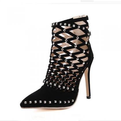 Cut Out Stiletto Heel Pointed Toe Zipper Sandals