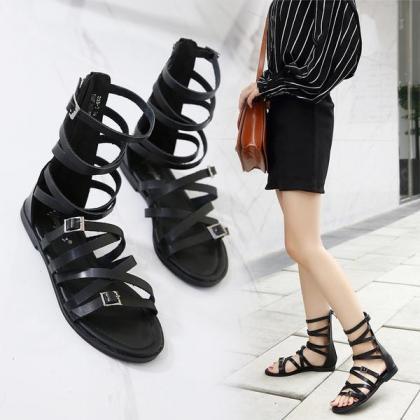 Pu Flat Heel Peep-toe Summer Zipper Sandals