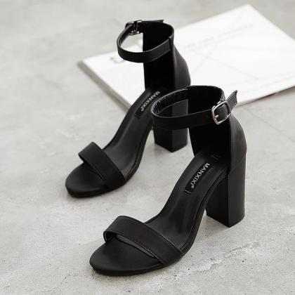 Chunky Heel Open Toe Leather Ankle Strap Sandals