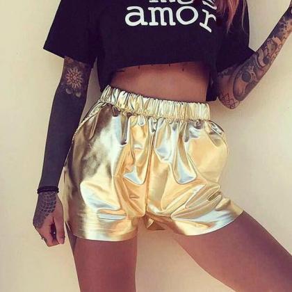 Pure Color Shinning Fabric Sexy Loose Shorts