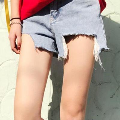 Pure Color Irregular Denim Casual Loose Shorts