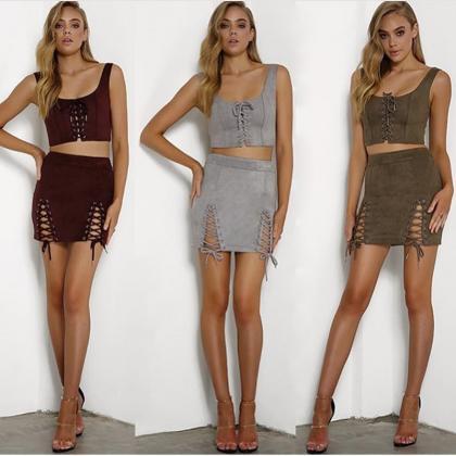 High Waist Lace Up Pure Color Bodycon Short Skirt