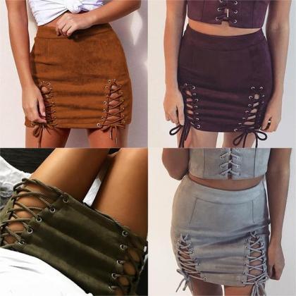 High Waist Lace Up Pure Color Bodycon Short Skirt