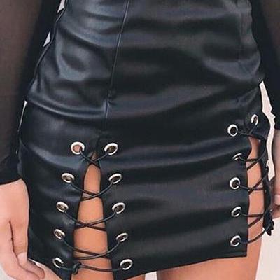 Lace Up High Waist Solid Color Slim Bodycon Split..