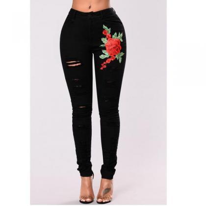 Black Floral Embroidered High-waisted Distressed..