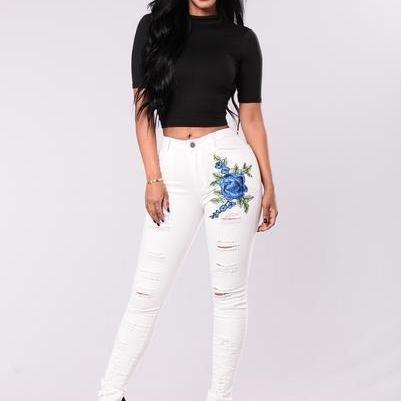 White Embroidery Flowers Holes Slim Low Waist Long..
