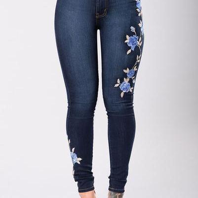 Flowers Embroidery Low Waist Slim Long Jeans