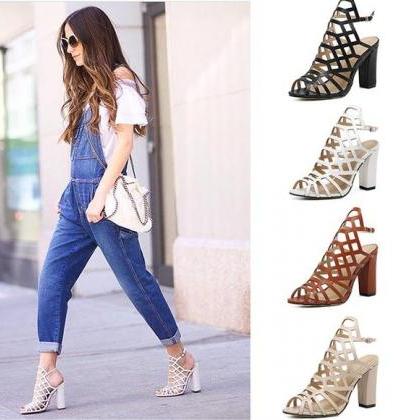 2017 Trend Cut Out Straps Chunky High Heels..