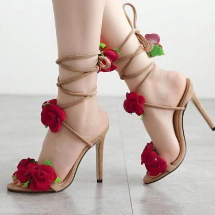 Flowers Straps Bandage Peep Toe High Heels Sandals