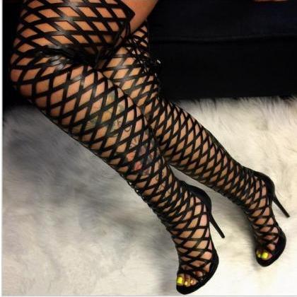 Hollow Out Peep Toe Stiletto Heel Lace Up..