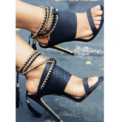 Open-toe Embossed Gold Chain Ankle Strap Stiletto..