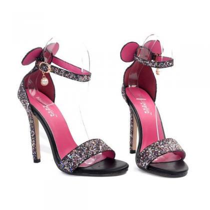 Open-toe Sequined Ankle Strap Stilettos, High..