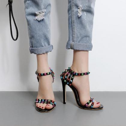 Colorful Rivets Ankle Wraps Stiletto High Heels..