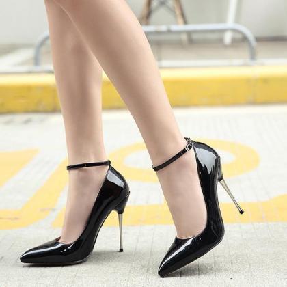 Patent Leather Pointed Toe High Heels With Ankle..