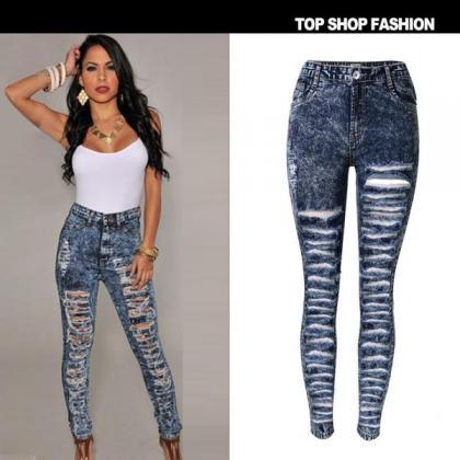 Rough Cut Out Holes High Waist Skinny Jeans Long..