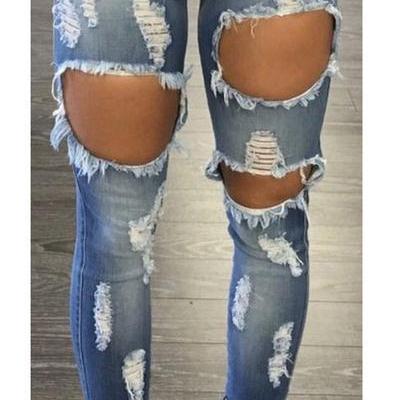 Curled Cut Out Rough Holes Slim Skinny Long Jeans..
