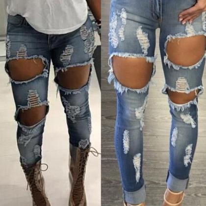 Curled Cut Out Rough Holes Slim Skinny Long Jeans..
