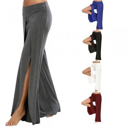 Elastic Pure Color Split Loose Wide-leg Yoga Long..