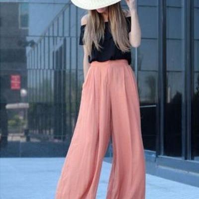 Candy Color High Waist Loose Wide-legs Chiffon..