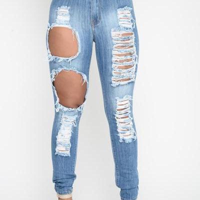 Rough Holes Cut Out High Waist Long Skinny Jeans..
