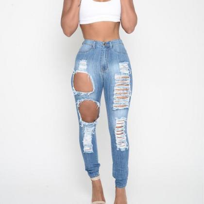 Rough Holes Cut Out High Waist Long Skinny Jeans..