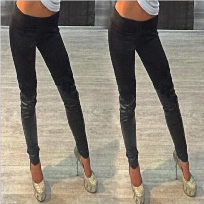Lace Pu Patchwork Solid Color Long Skinny Pants