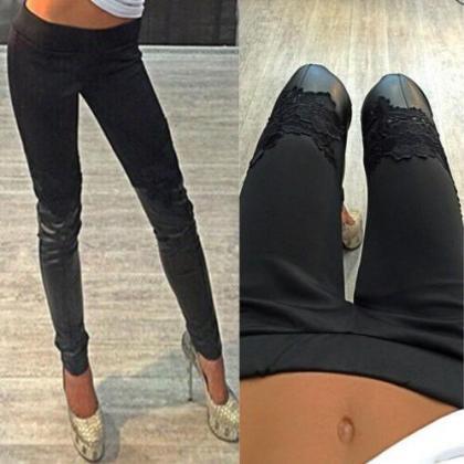 Lace Pu Patchwork Solid Color Long Skinny Pants