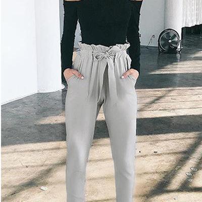 Solid Color Straps Belt 9/10 Skinny Casual Pants