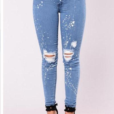 Middle Waist Print Cut Out Rough Holes Long Skinny..