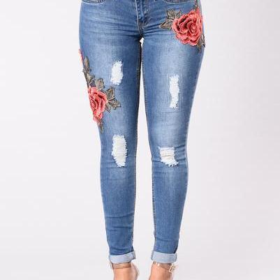 Flower Embroidery Curled Edge Long Skinny Jeans