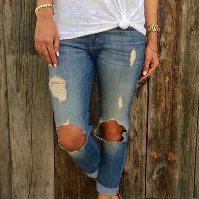 Curled Edge Cut Out Knee Holes Long Skinny Jeans