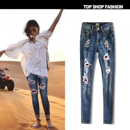 Cut Out Patchwork Holes Long Pencil Skinny Jeans