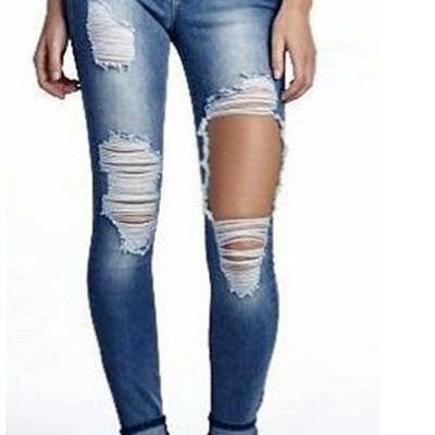 Cut Out Rough Big Holes Curled Long Skinny Jeans