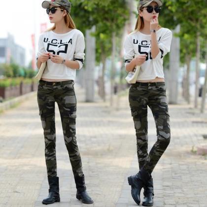 Camouflage Side Pockets Low Waist Long Pencil..