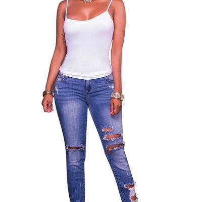 Cut Out Rough Holes Solid Color Long Skinny Jeans