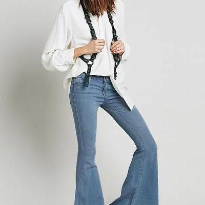 Solid Color Bell-bottomed Middle Waist Long Pants..